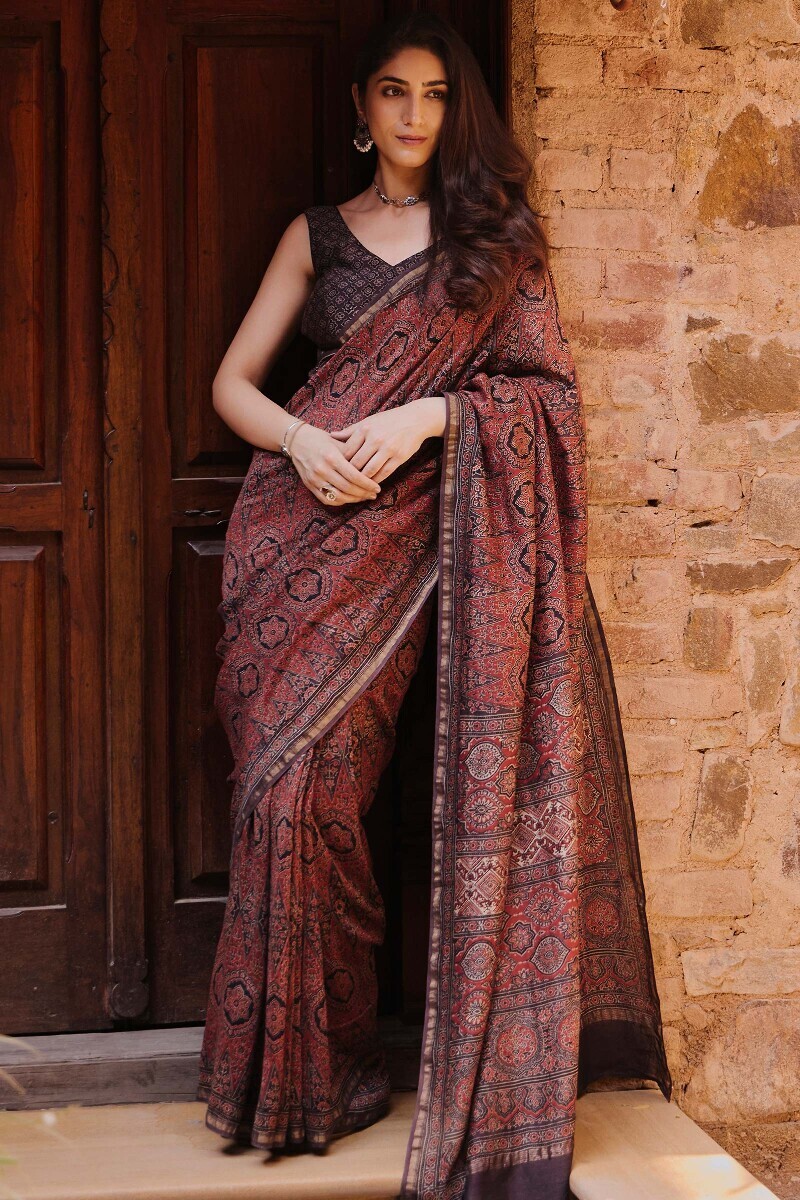 Red Hand Block Printed Chanderi Saree