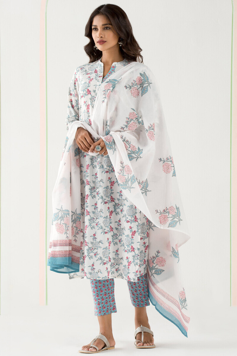 White Block Printed Cotton Dupatta