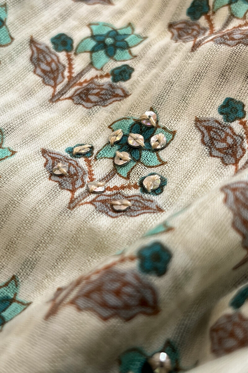 Cream Hand Printed A-Line Cotton Dobby Kurta