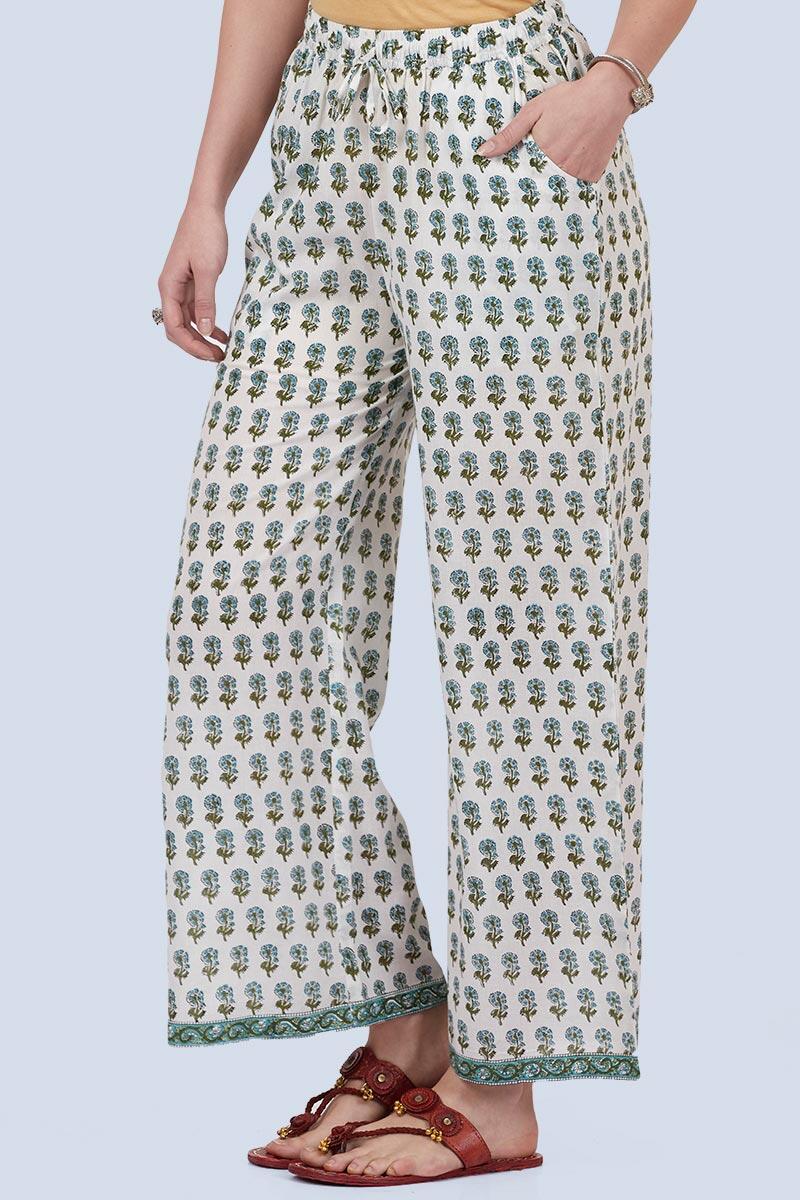 White Block Printed Cotton Farsi Pants