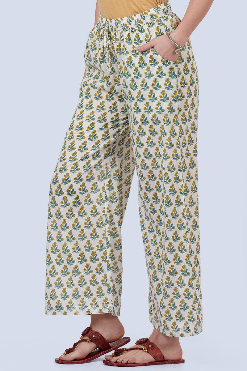 Blue Block Printed Cotton Farsi Pants