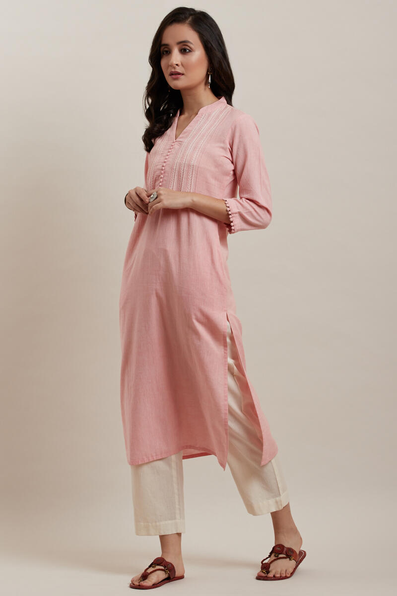 Pink Handcrafted Straight Cotton Kurta
