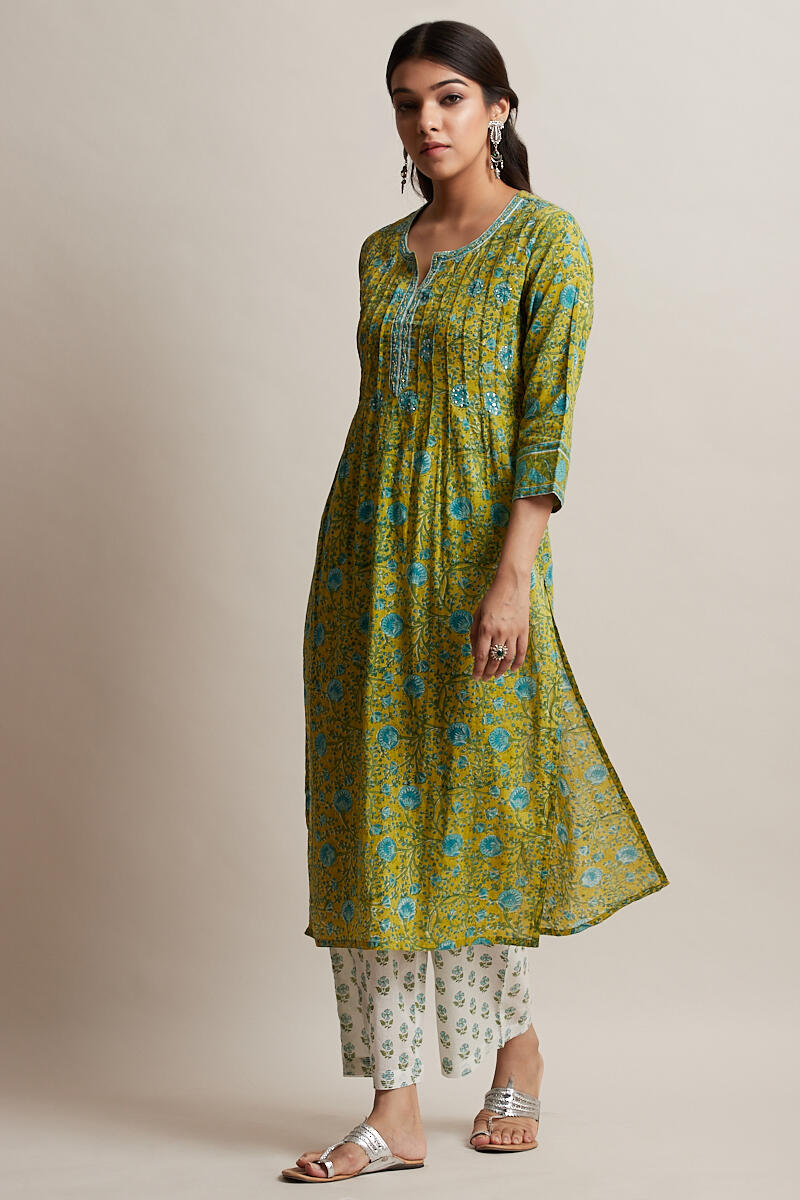 Green Block Printed Straight Cotton Kurta