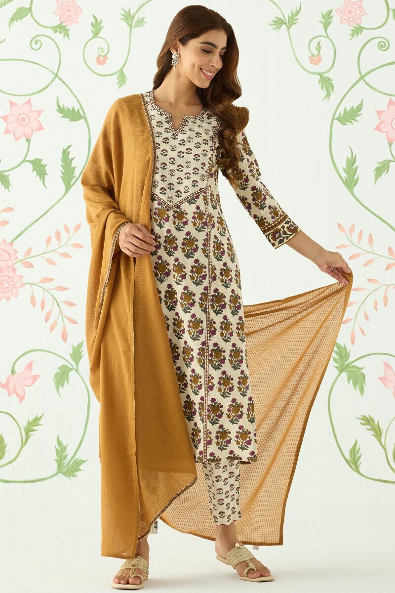 Cream Hand Printed Straight Cotton Kurta