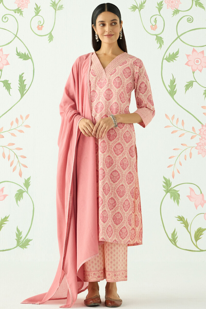 Pink Hand Printed Cotton Slub Farsi