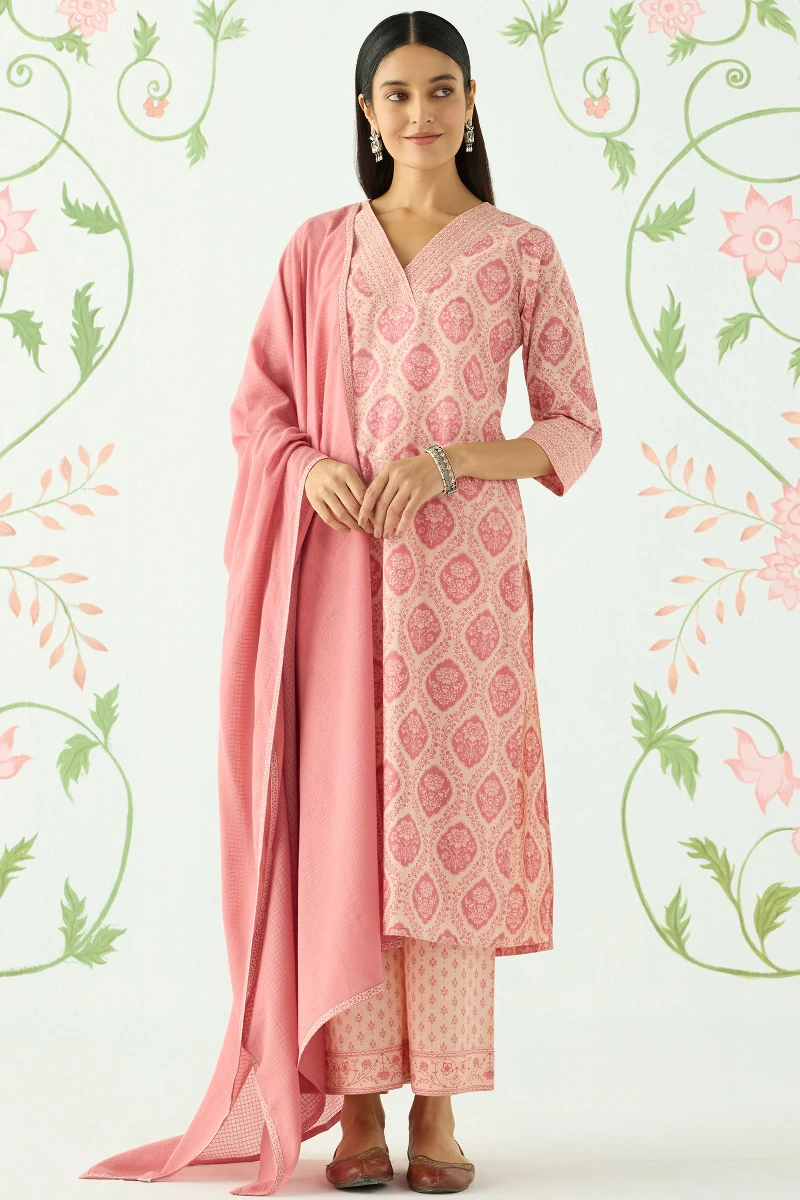 Pink Hand Printed Straight Cotton Slub Kurta