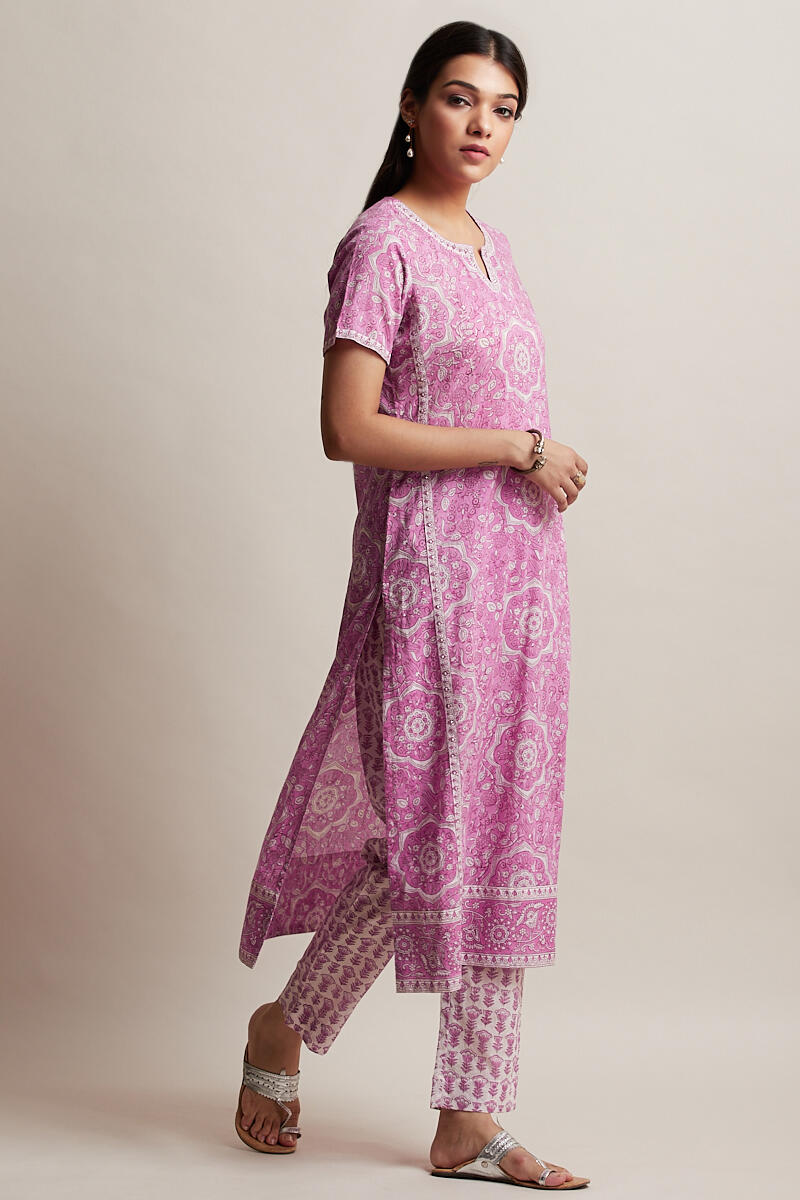 Pink Block Printed Straight Cotton Kurta