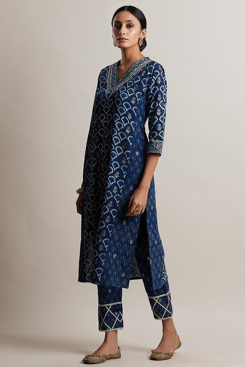 Indigo Block Printed Straight Cotton Kurta