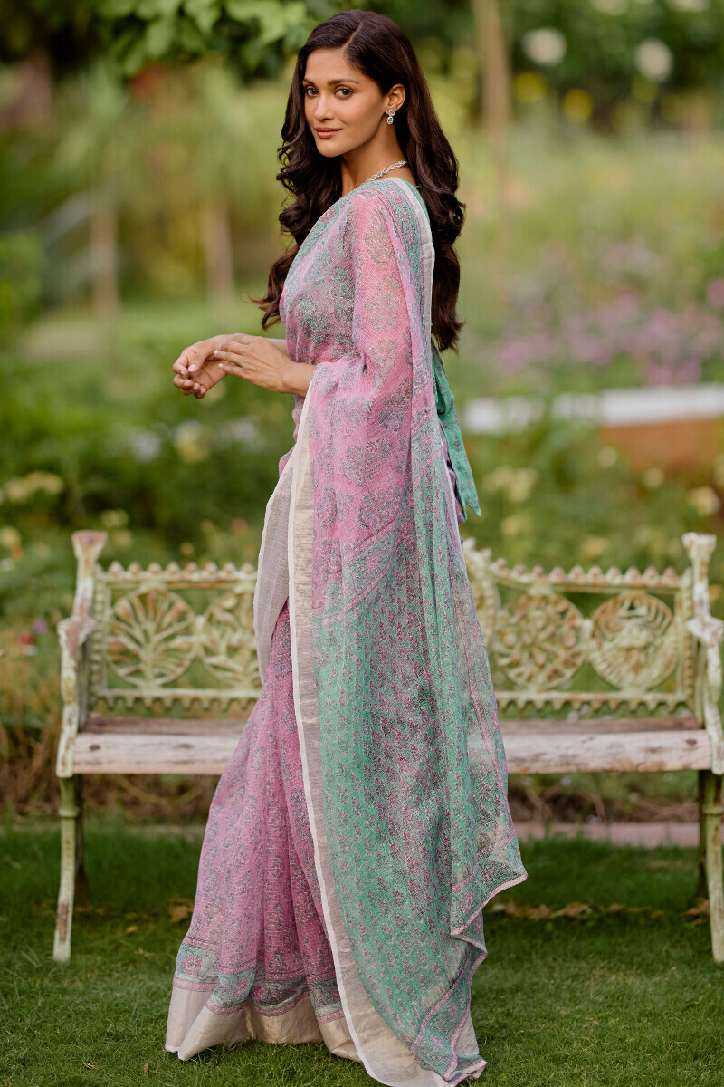 Purple Block Printed Kota Silk Saree