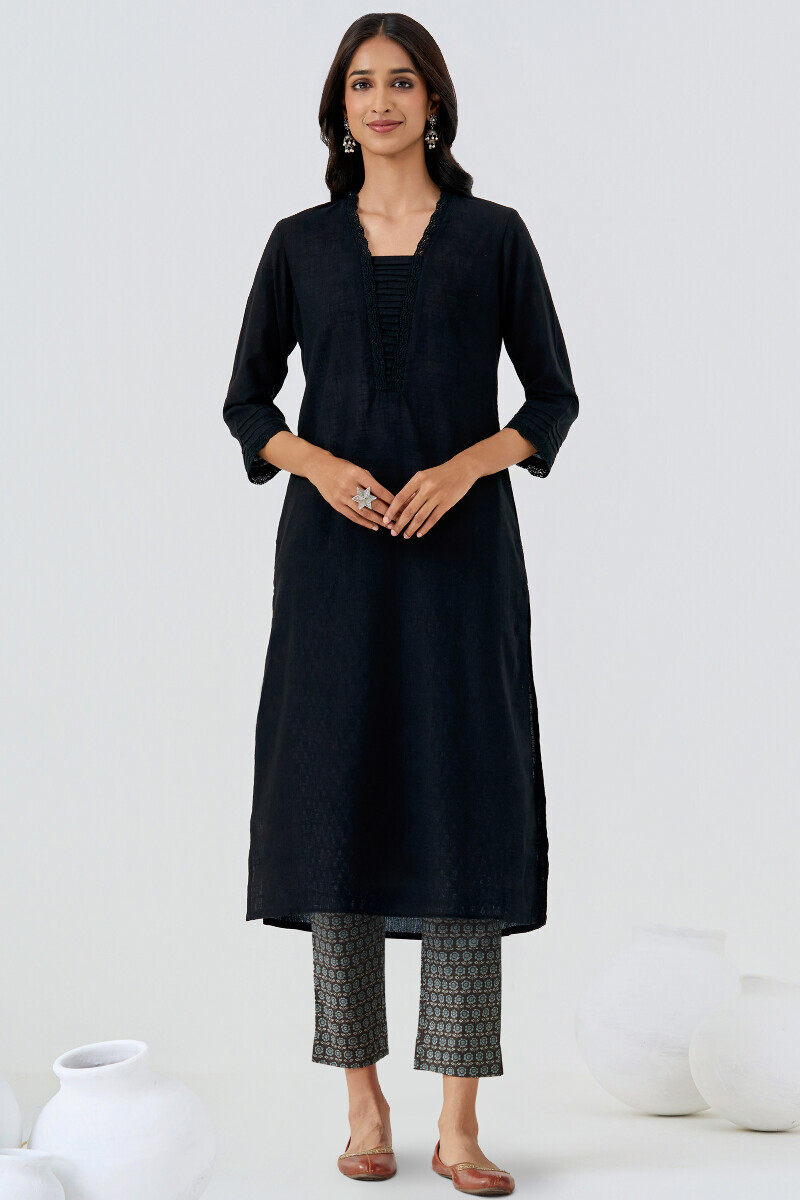 Black Hand Printed Cotton Narrow Pants