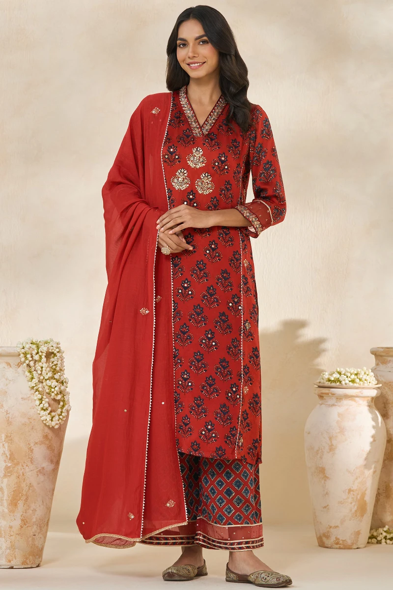 Ajrakh Hand Block-Printed Straight Modal Kurta