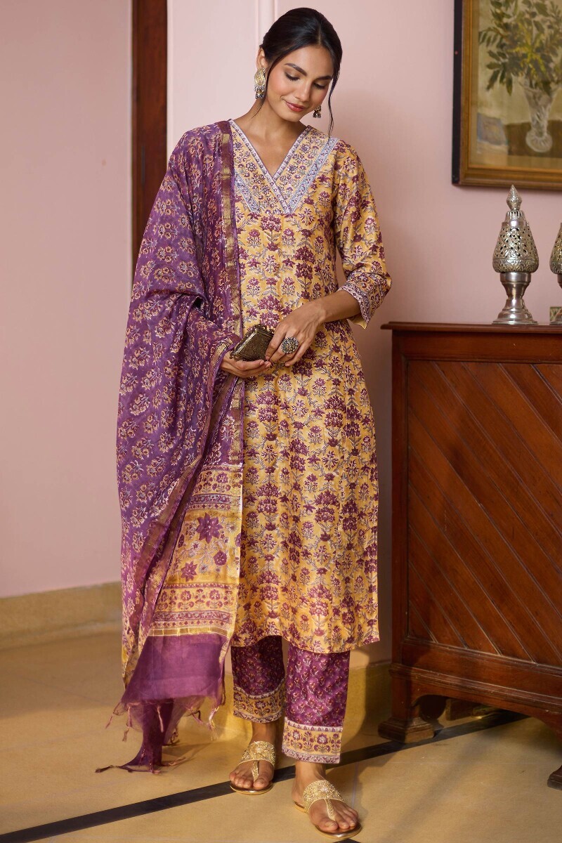 Yellow Hand Block-Printed Straight Chanderi Kurta