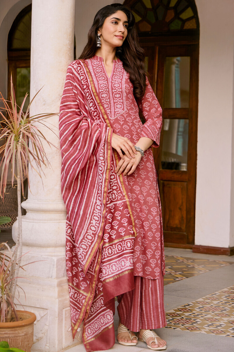 Pink Hand Block Printed Straight Modal Kurta