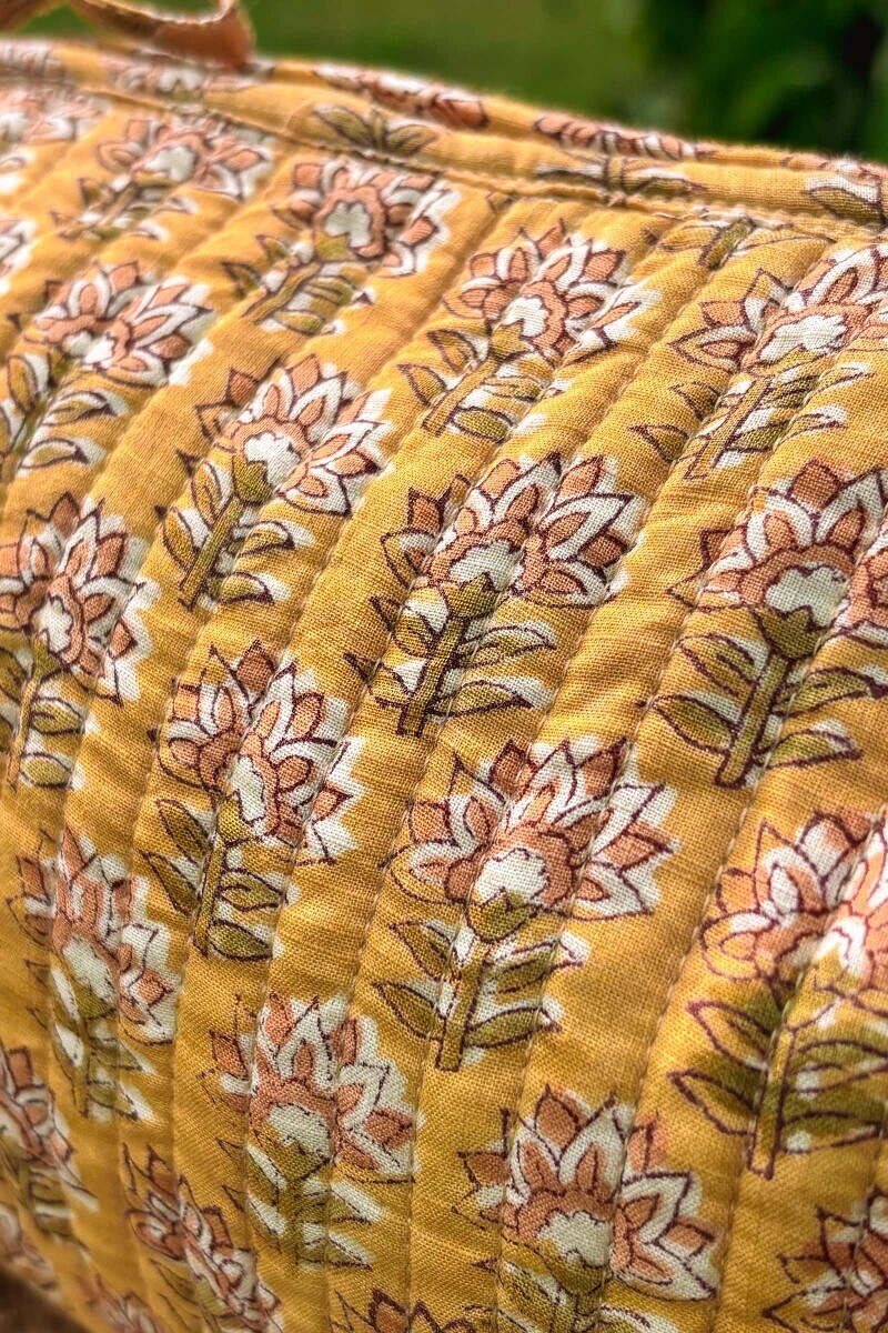 Yellow Hand Block-Printed Cotton Vanity Pouch