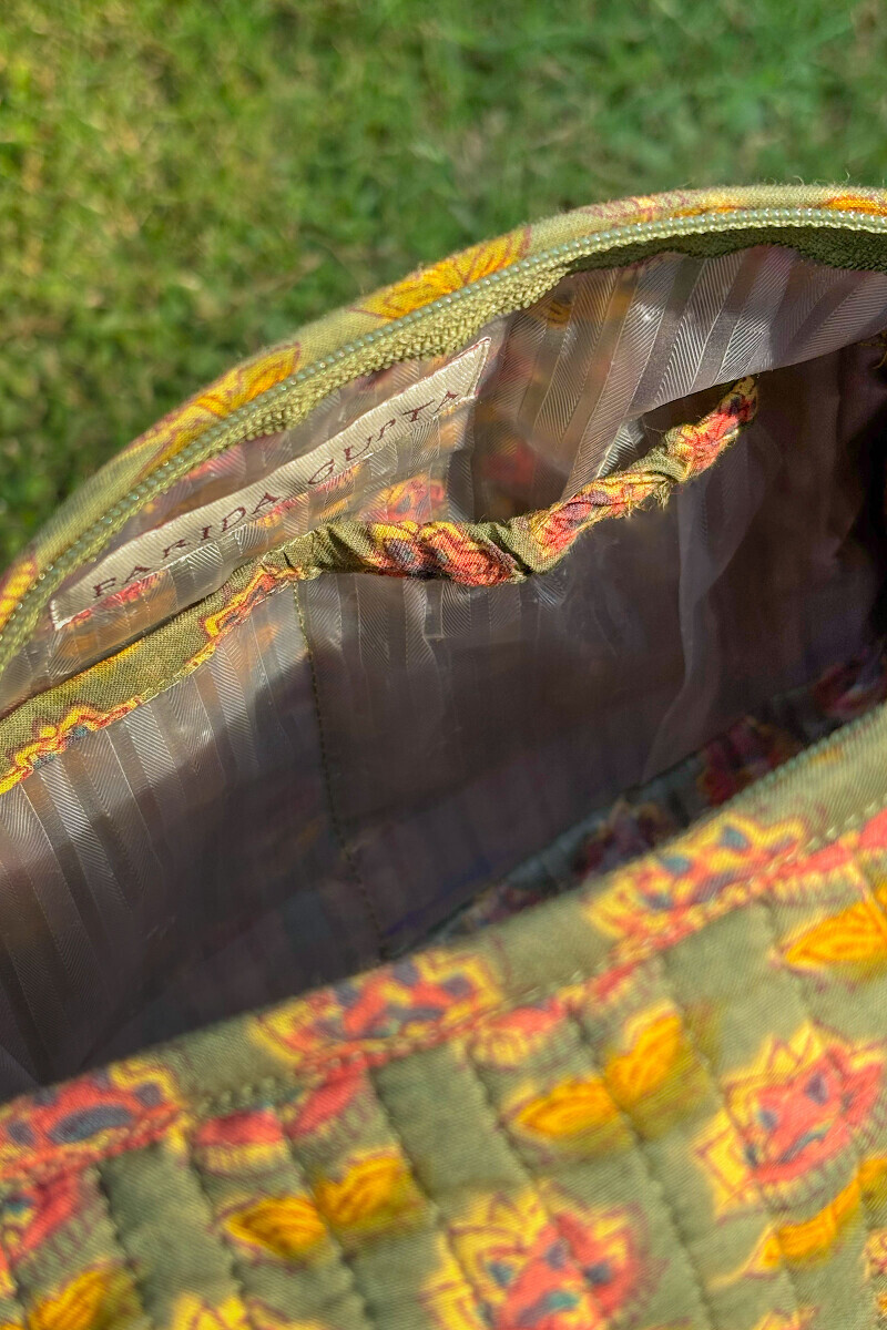 Green Hand Block-Printed Cotton Vanity Pouch