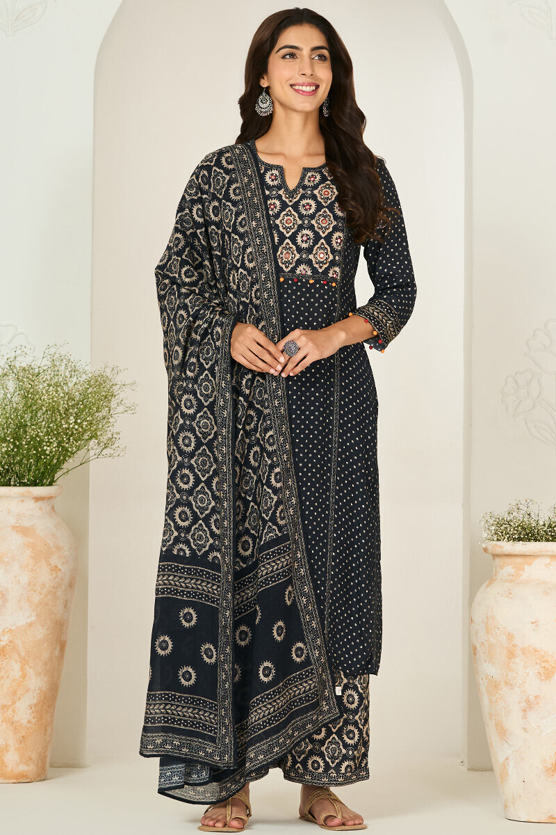 Black Printed Straight Viscose Kurta