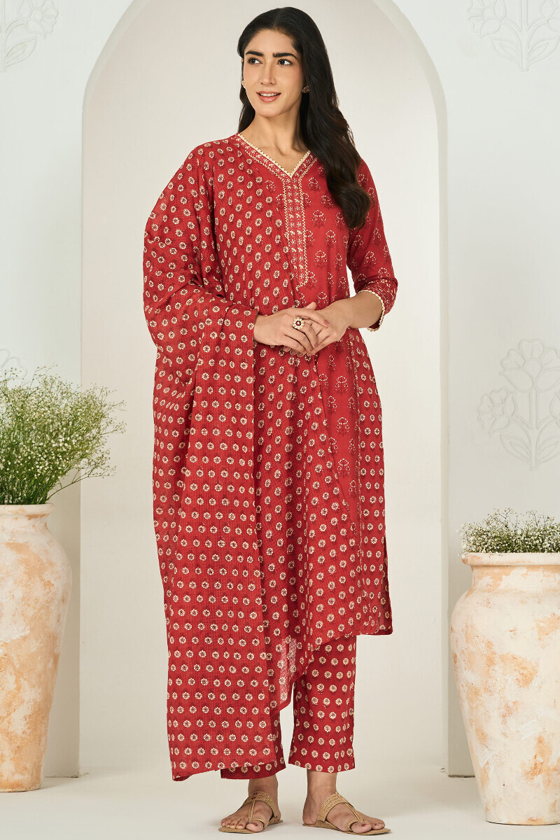 Red Hand Printed Straight Cotton Kurta