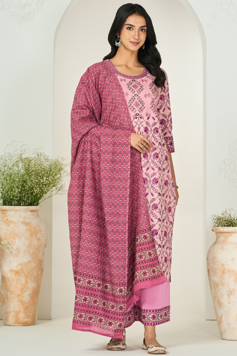 Pink Hand Printed Straight Cotton Kurta
