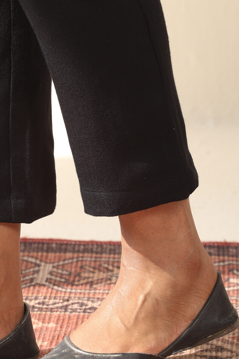 Black Handcrafted Faux Wool Narrow Pants