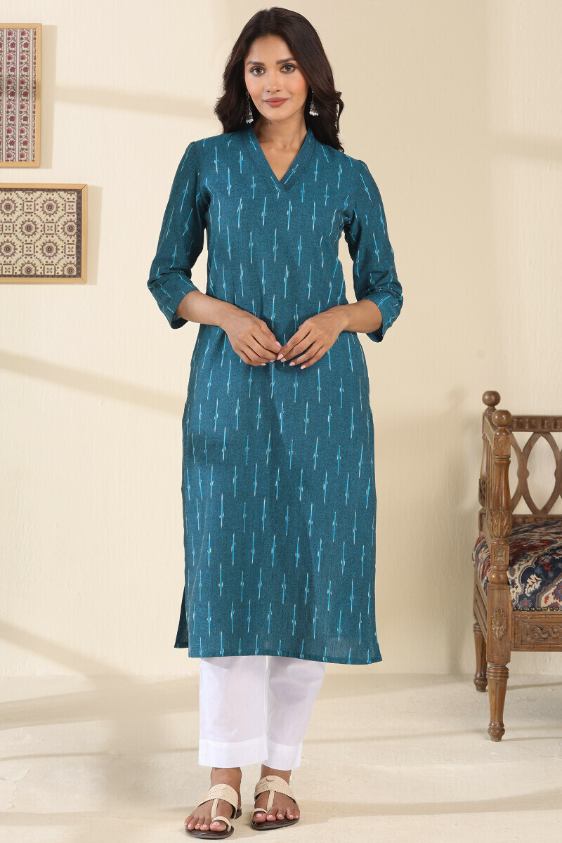 Blue Handcrafted Straight Cotton Polyester Kurta