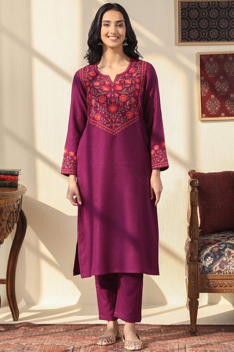 Pink Handcrafted Straight Faux Wool Kurta
