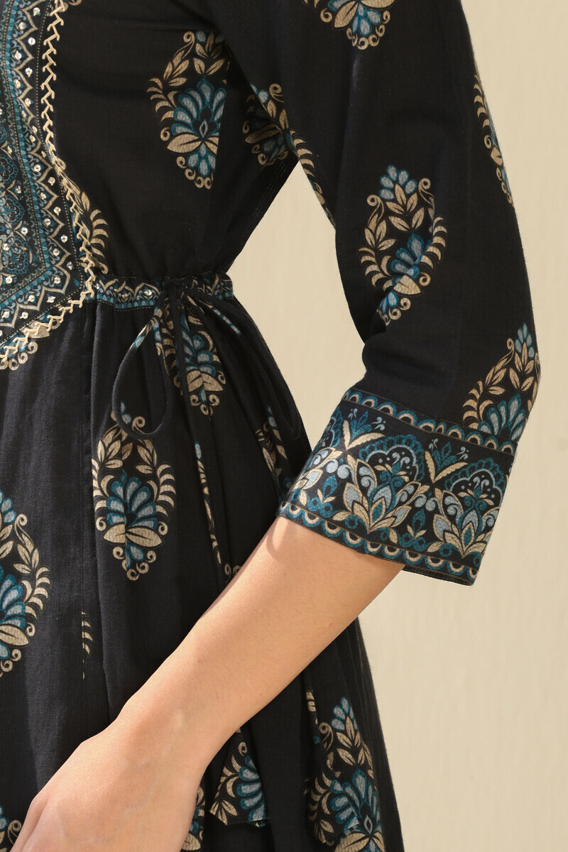 Black Printed A-Line Cotton Dobby Kurta