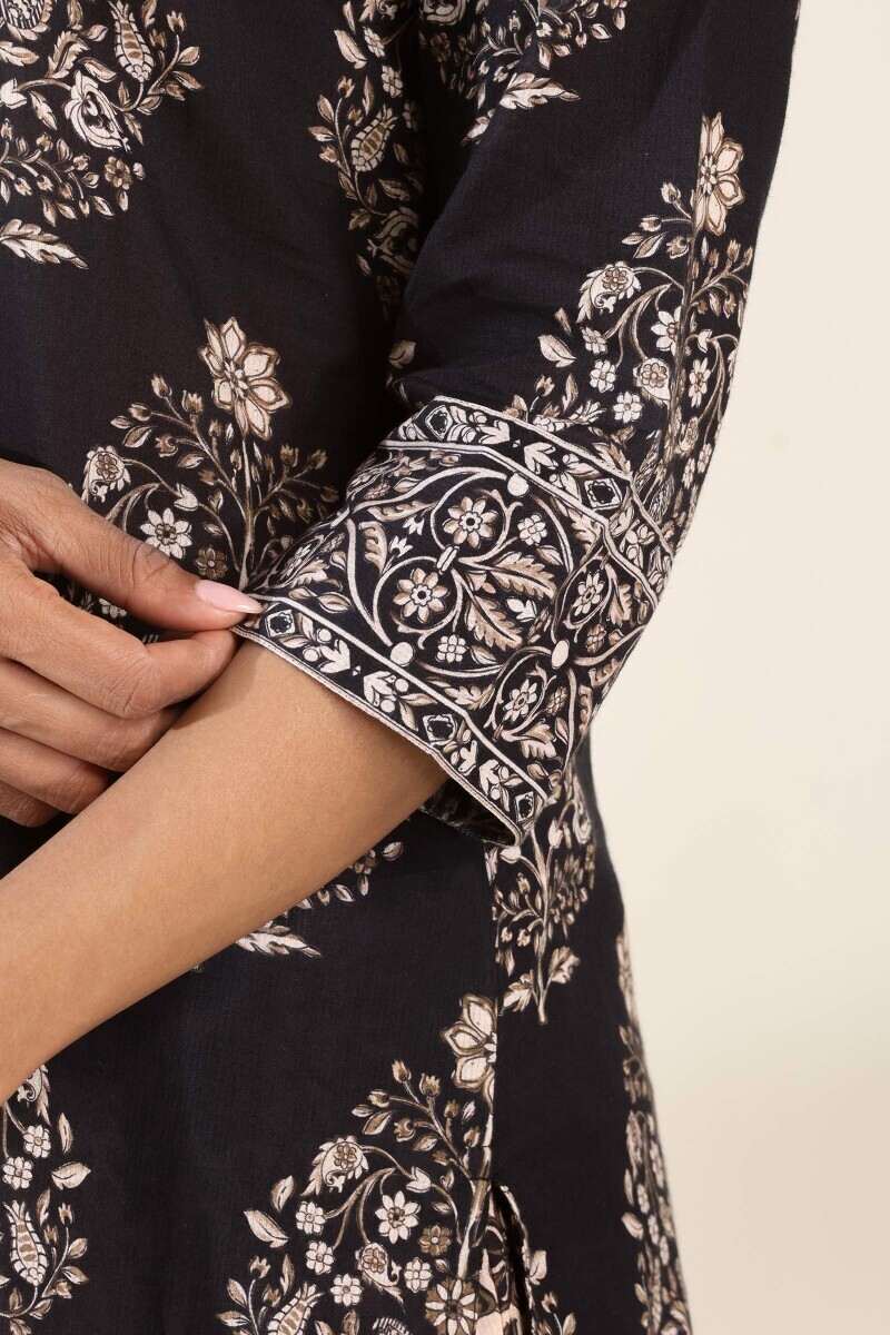 Black Printed Straight Cotton Dobby Kurta