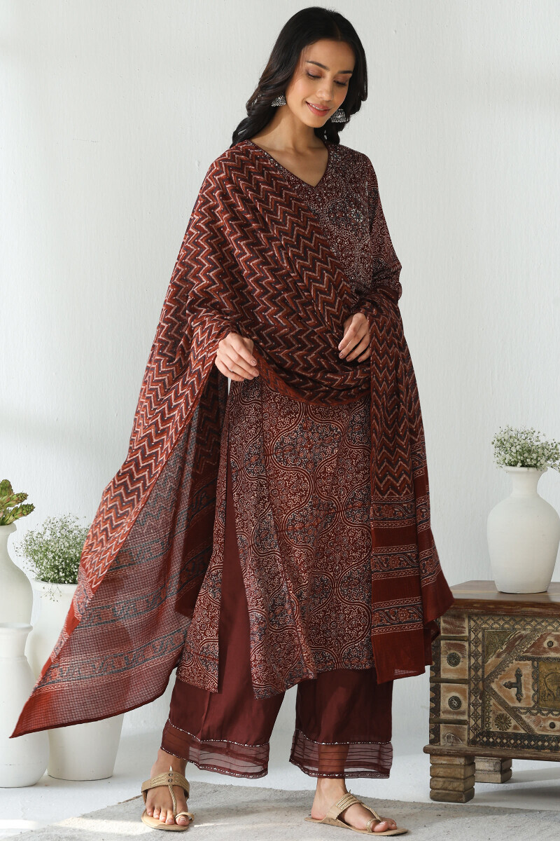 Ajrakh Hand Block-Printed Straight Modal Kurta