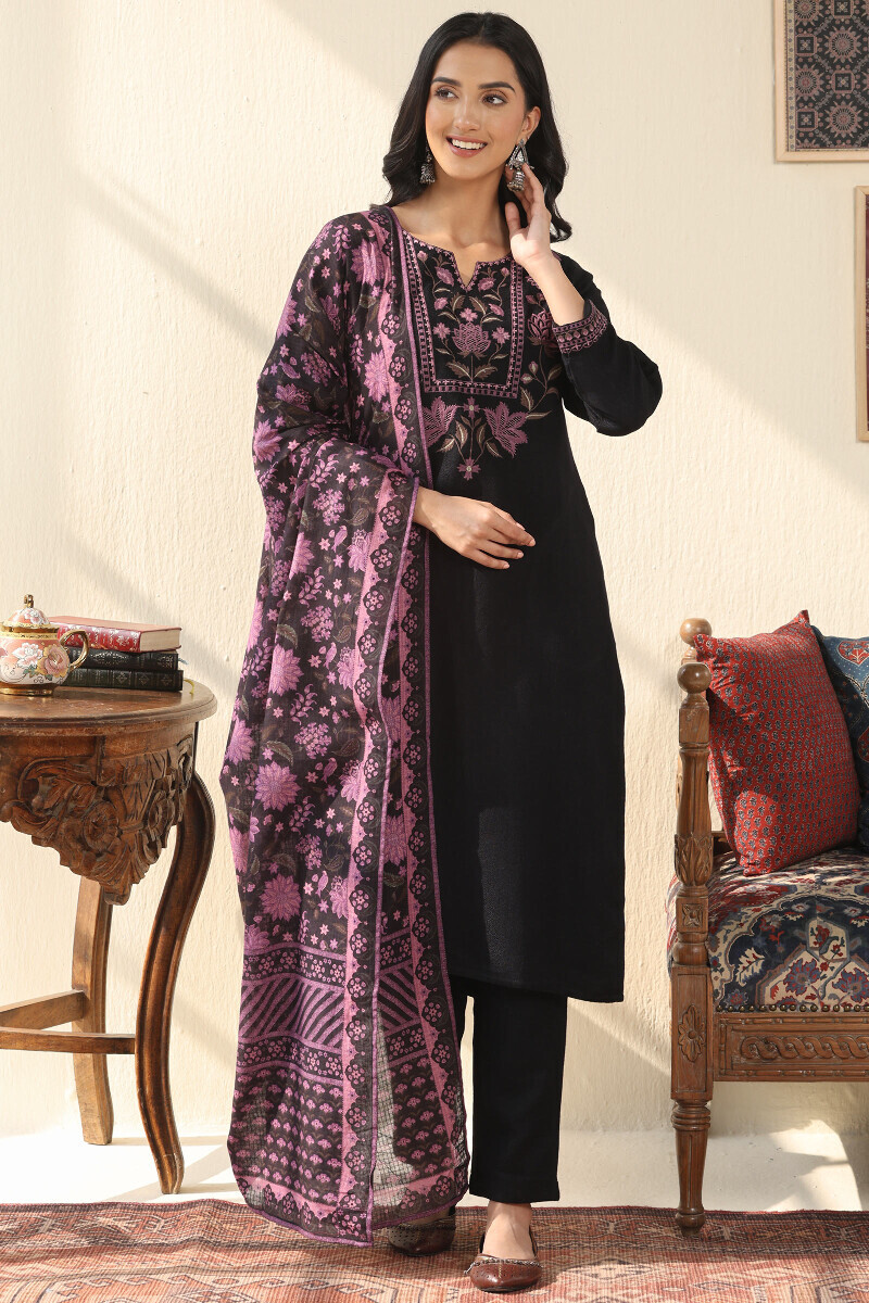 Black Handcrafted Straight Faux Wool Kurta