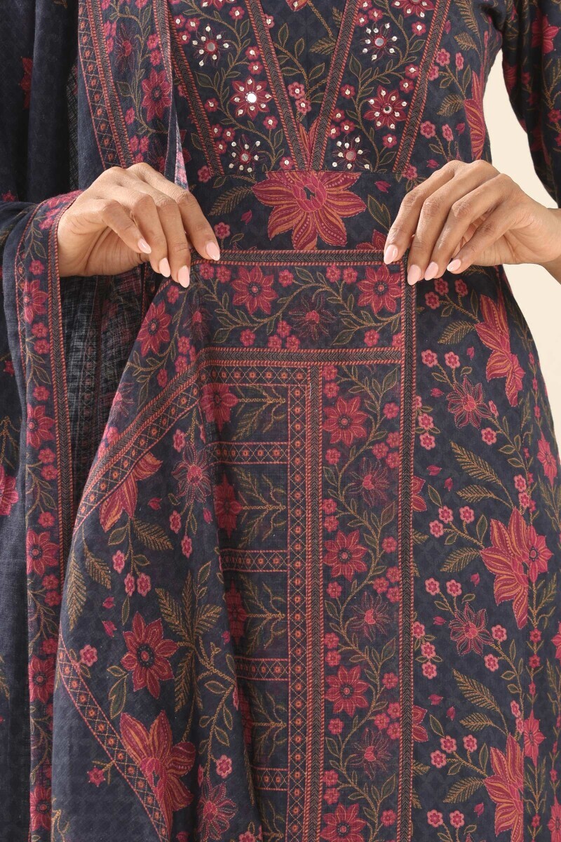 Navy Blue Printed Kota Dupatta