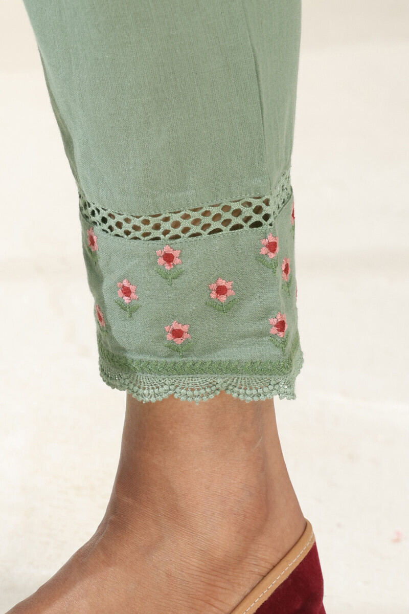 Green Handcrafted Cotton Narrow Pants