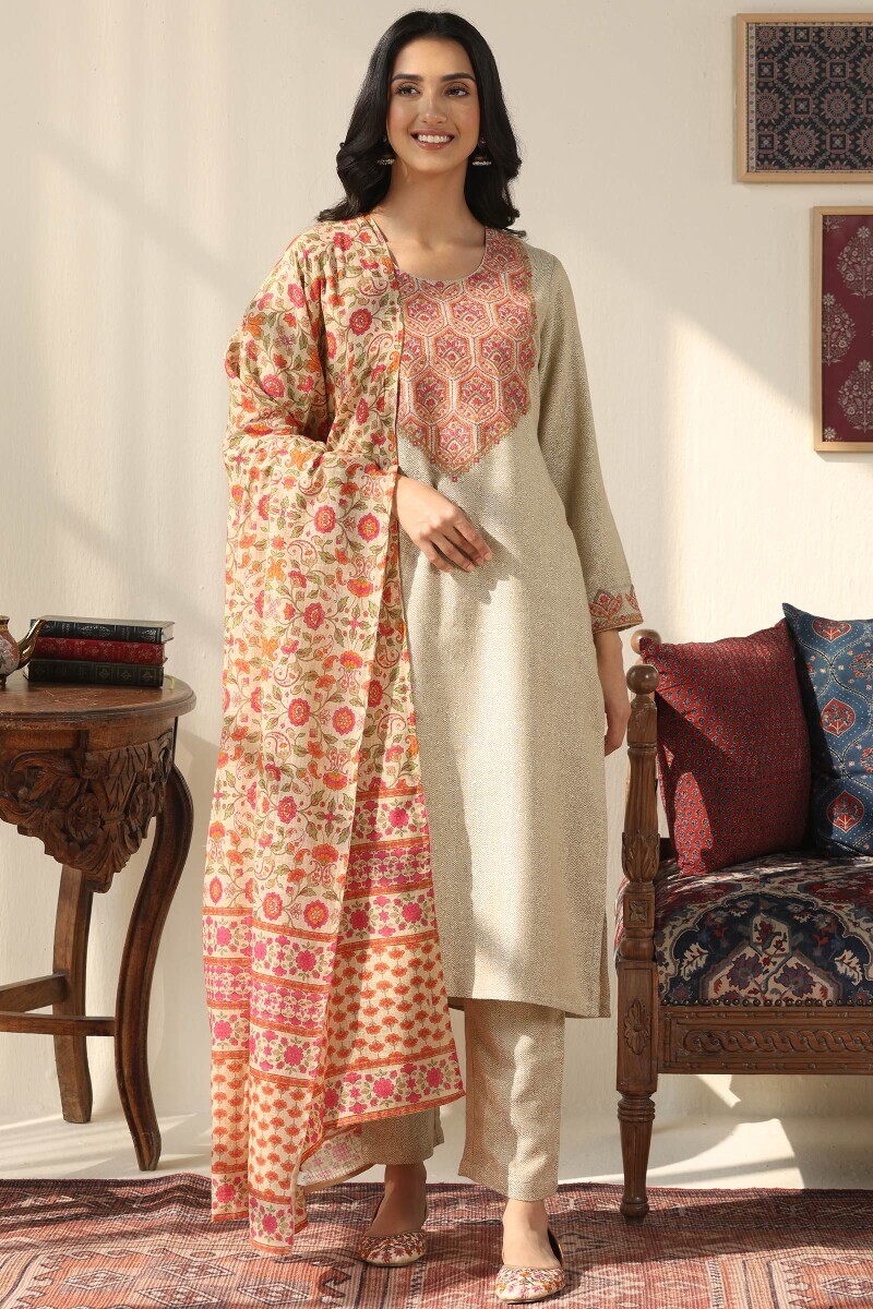 Beige Printed Kota Dupatta