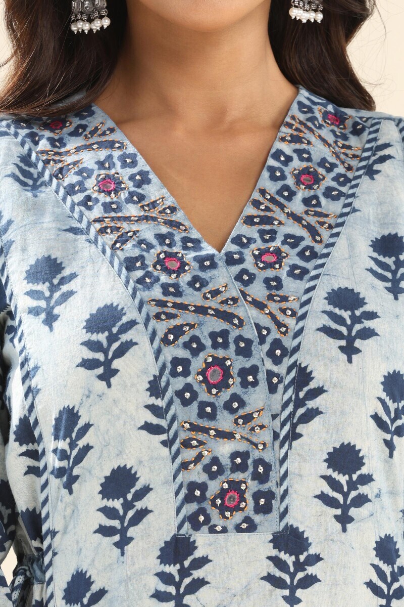 Indigo Hand Block Printed Cotton A-Line Kurta