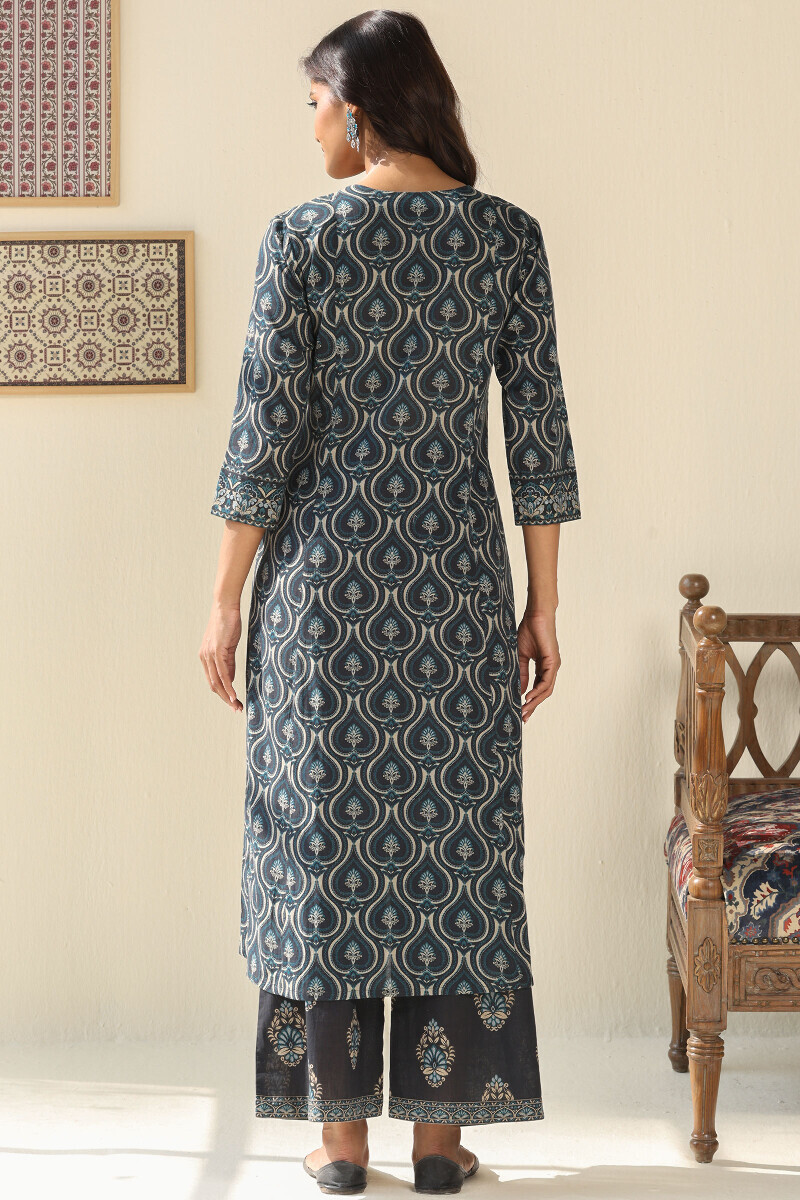 Black Printed A-Line Cotton Dobby Kurta
