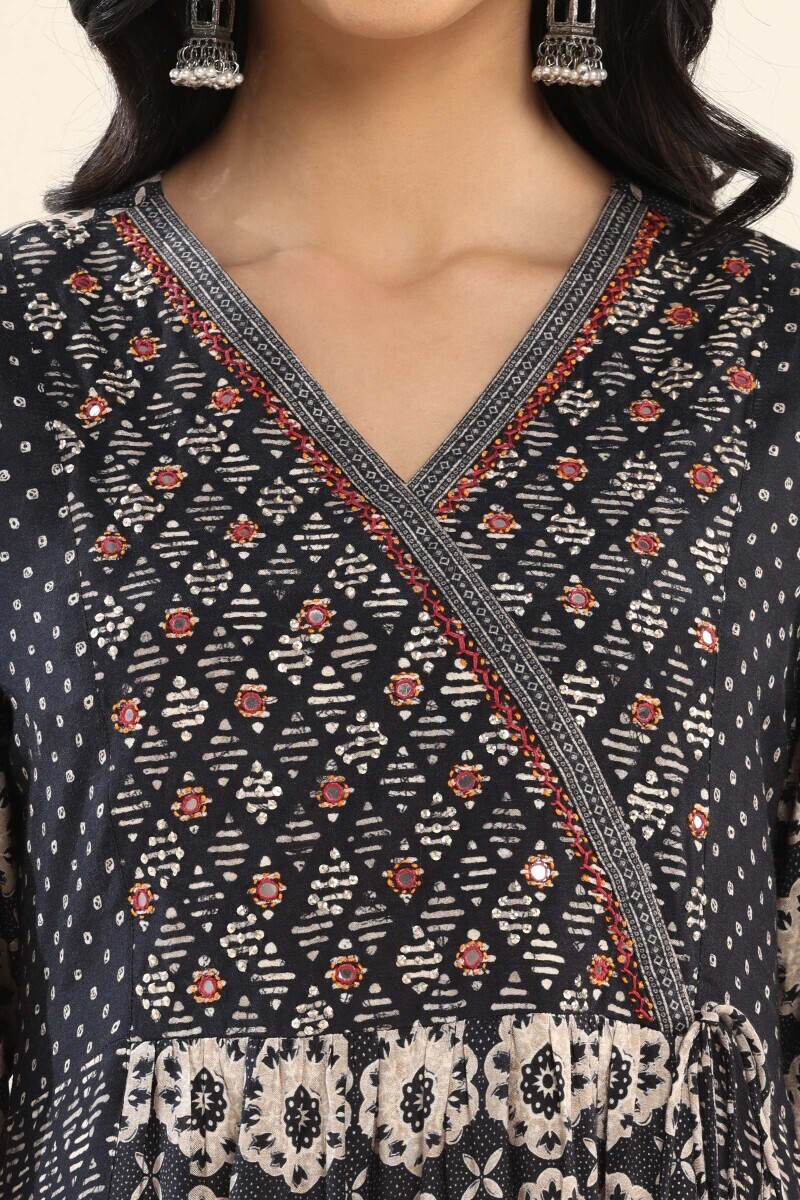 Black Printed A-Line Viscose Kurta