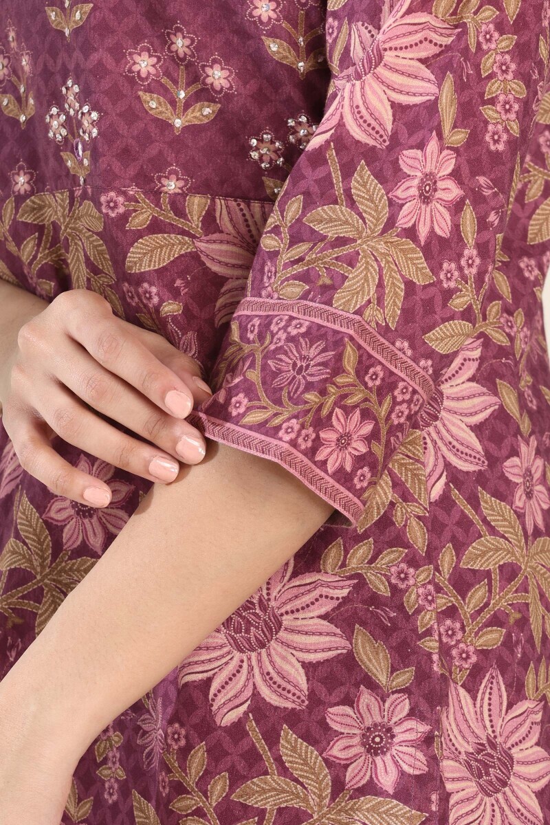 Purple Printed Straight Cotton Kurta