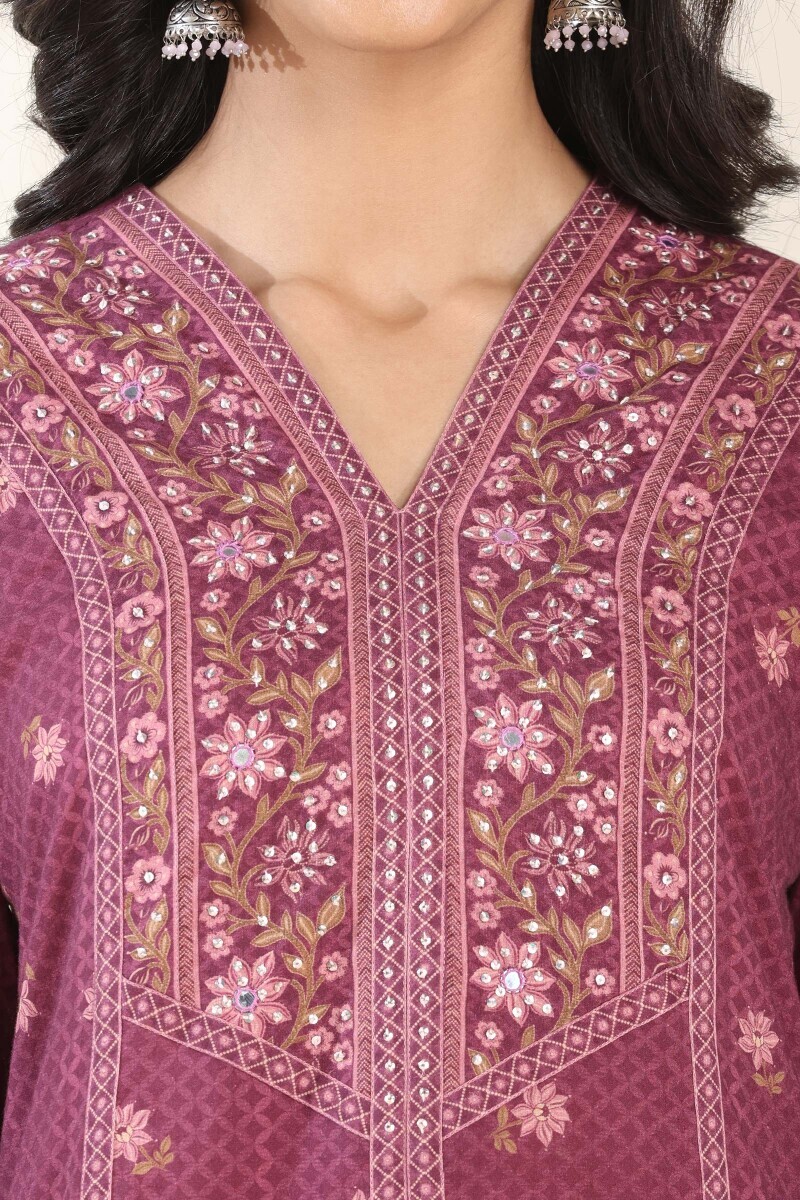 Purple Printed A-Line Cotton Kurta