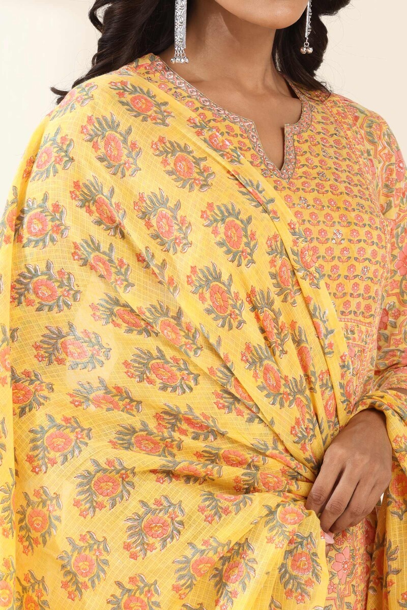 Yellow Hand Block Printed Kota Dupatta
