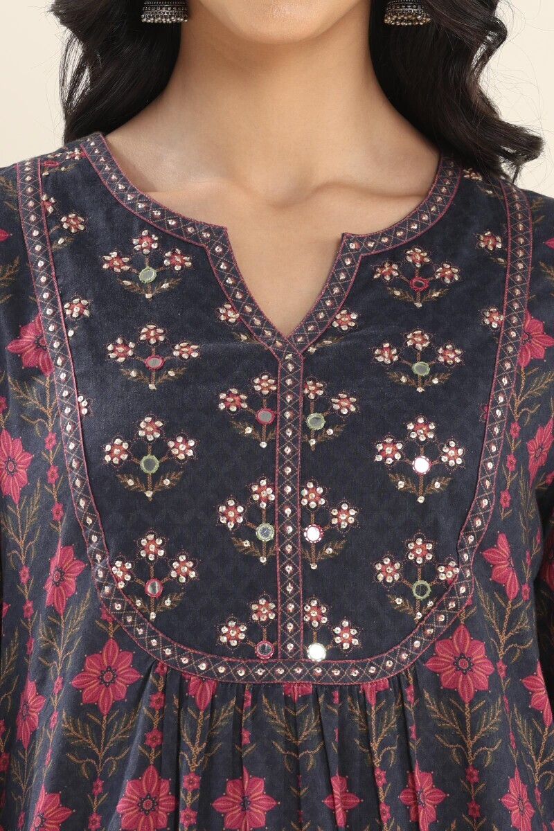 Navy Blue Printed A-Line Cotton Kurta