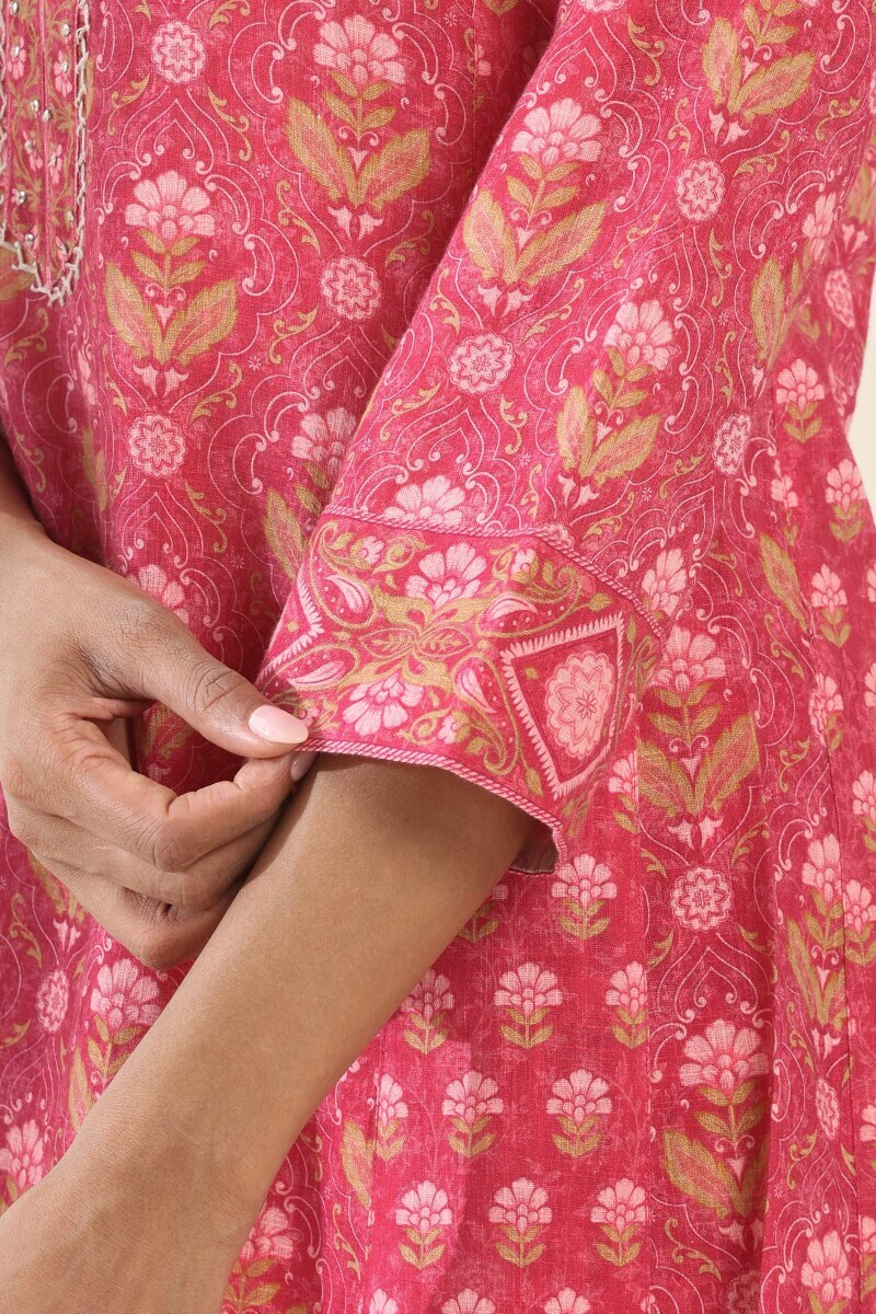 Pink Printed A-Line Cotton Slub Kurta