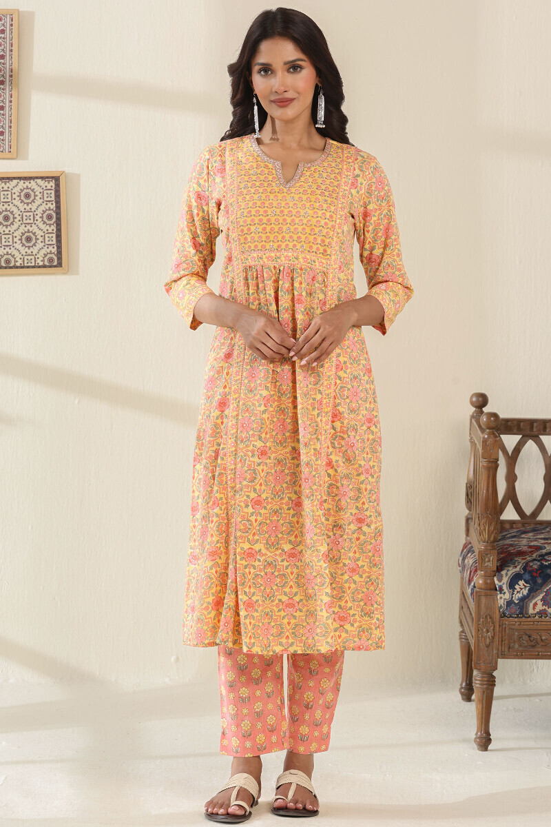 Yellow Hand Block Printed A-Line Cotton Slub Kurta