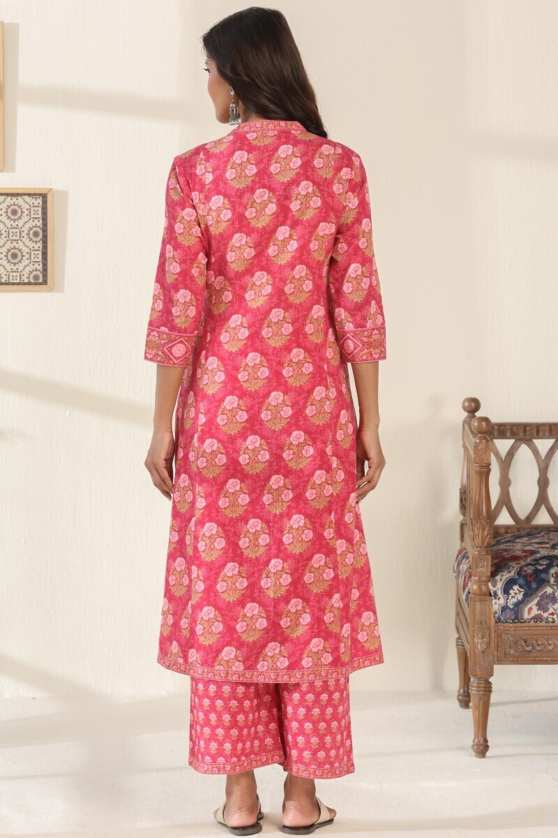 Pink Printed Angrakha Cotton Slub Kurta
