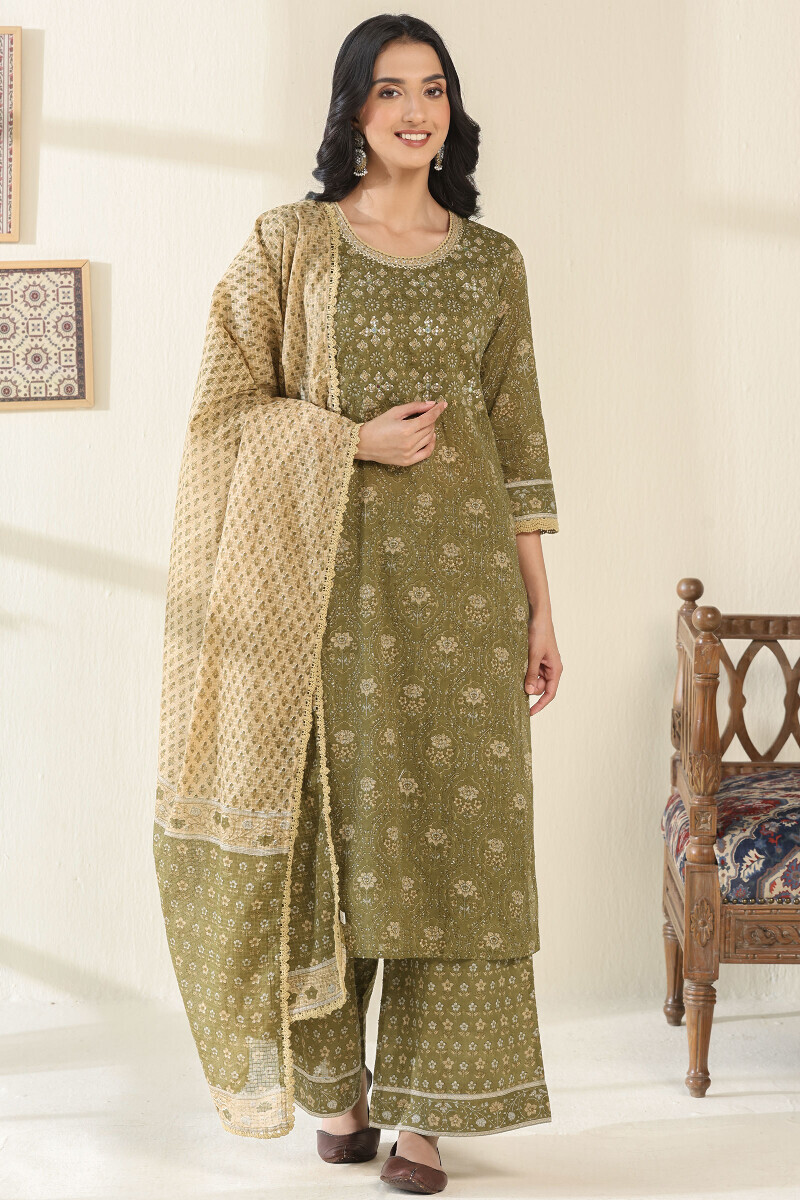 Green Hand Block Printed Straight Cotton Kurta