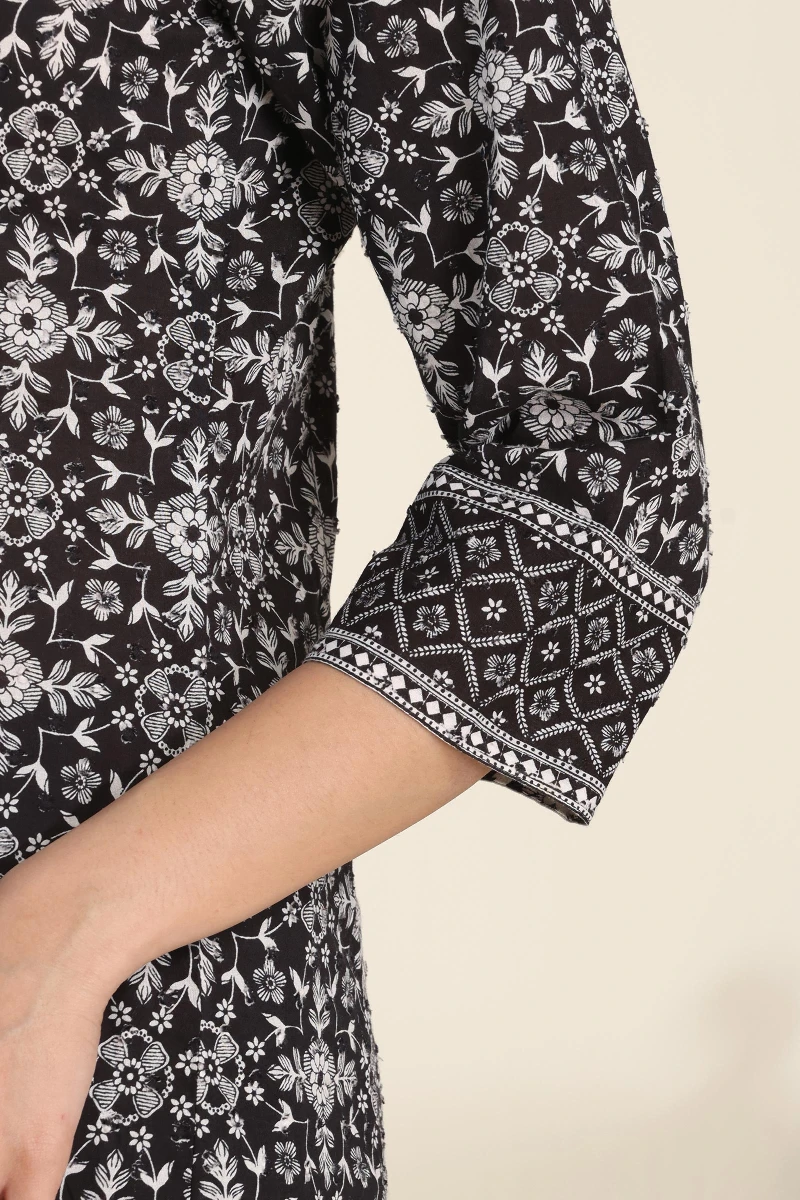 Black Hand Printed A-Line Cotton Dobby Kurta