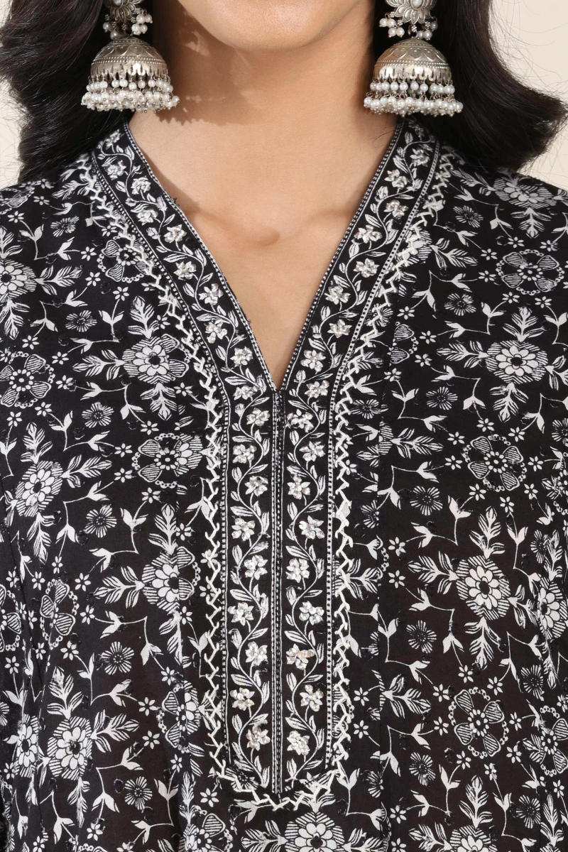 Black Hand Printed Anarkali Cotton Dobby Kurta