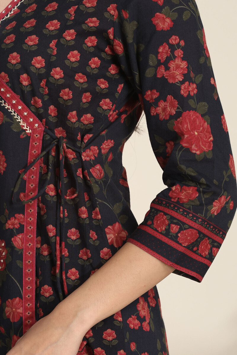 Black Printed Cotton Angrakha Kurta