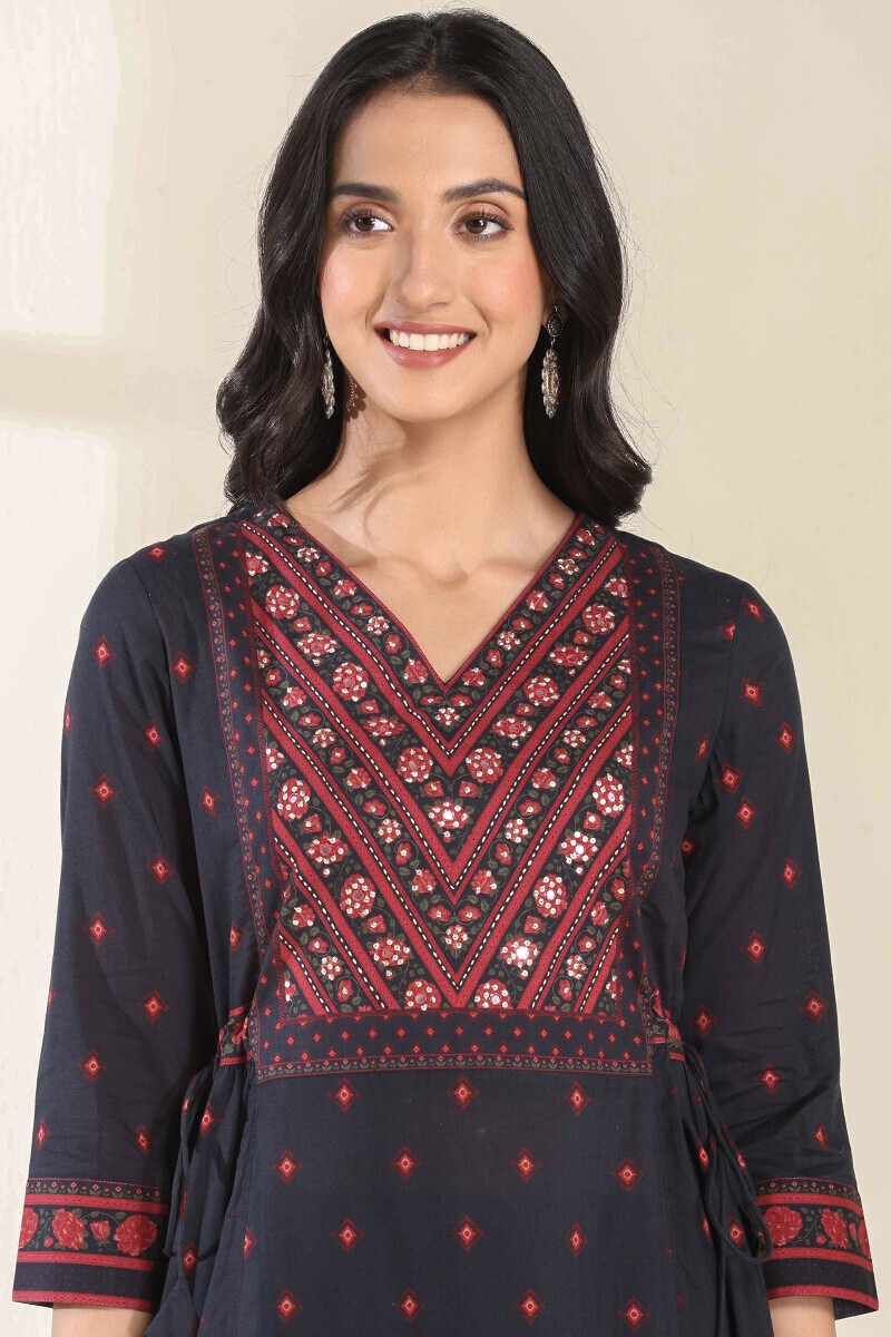 Black Printed A-Line Cotton Kurta