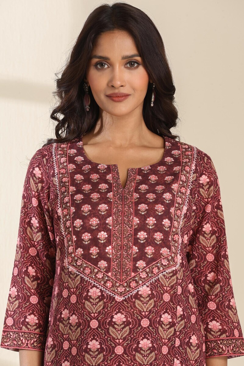 Brown Printed Straight Cotton Slub Kurta