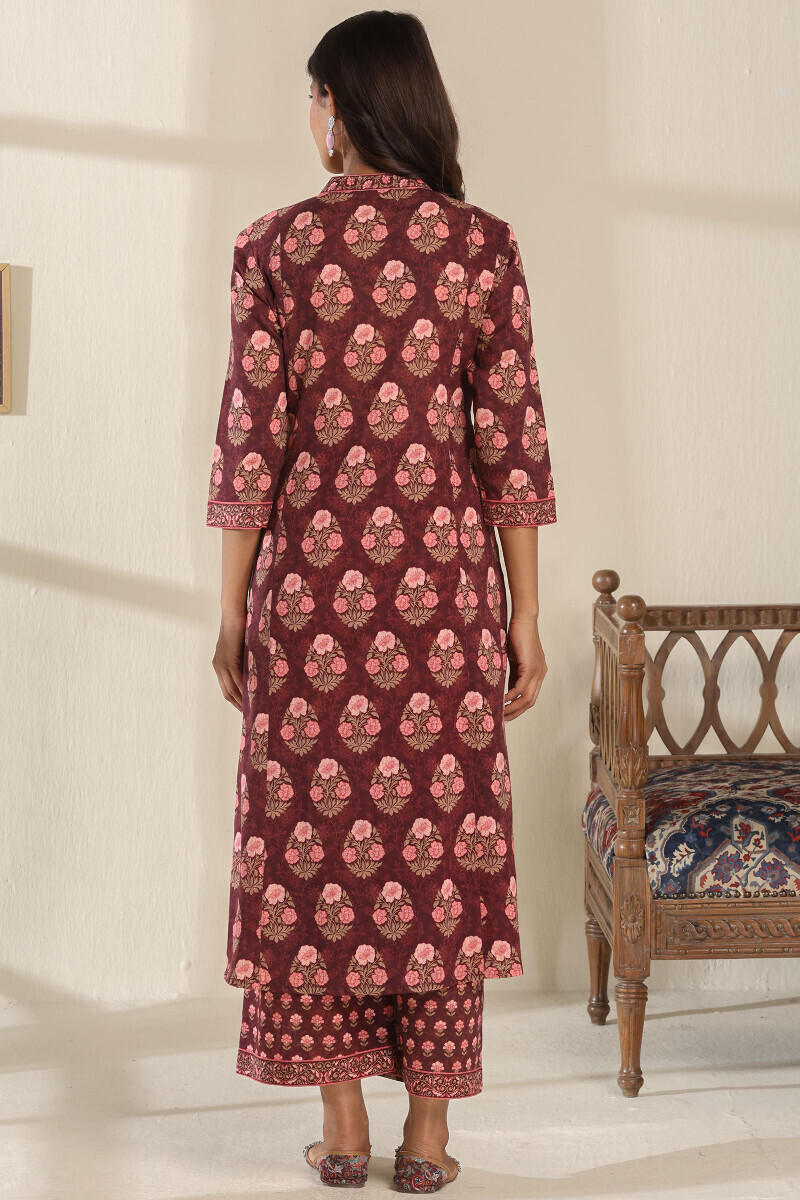 Brown Printed Angrakha Cotton Slub Kurta