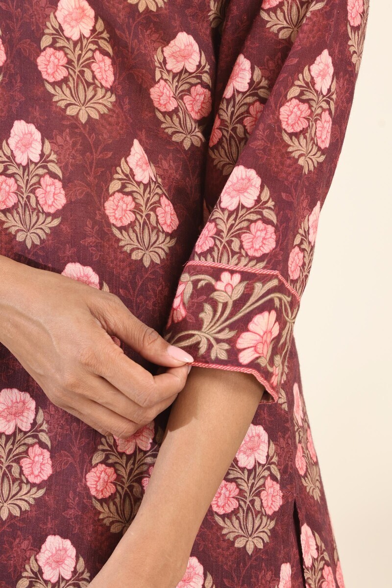 Brown Printed Straight Cotton Slub Kurta